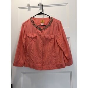 Ruby Rd Linen Blend Jacket Womens 10 Coral Embellished Neck Cropped 3/4 Sleeve